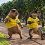 Ilustração digital de uma capivara e um jacaré usando camisetas amarelas e óculos escuros.