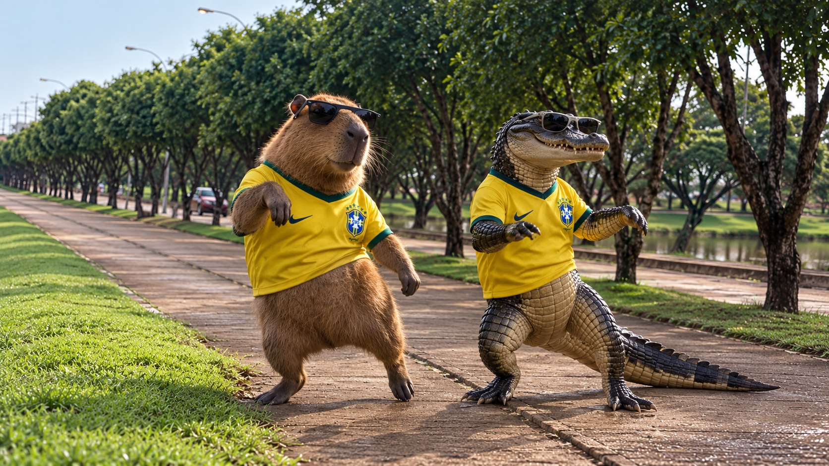 Ilustração digital de uma capivara e um jacaré usando camisetas amarelas e óculos escuros.